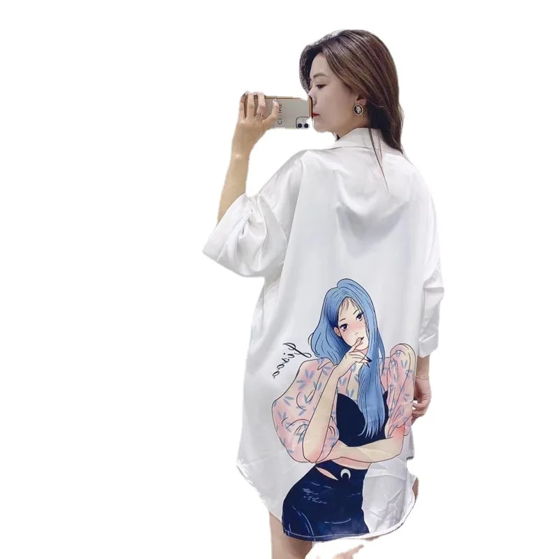 Spring Autumn Shirt Nightdress Women Print Cartoon Summer Ice Thin Nightgown & Sleepstirts Relaxed Lovely Home Dress Sleepwear