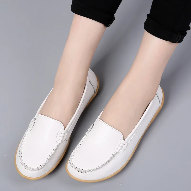 

2021 Spring and Summer Cow Leather Large Size Shallow Mouth Shoes Cow Tendon Bottom Low Top Nurse Flat Shoes