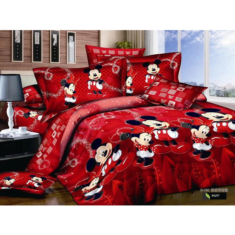 Disney Mickey Mouse Design Red Festive Duvet Bed Cover Pillowcase Bedding Set Children Adult Bedroom Decoration Home Fabric