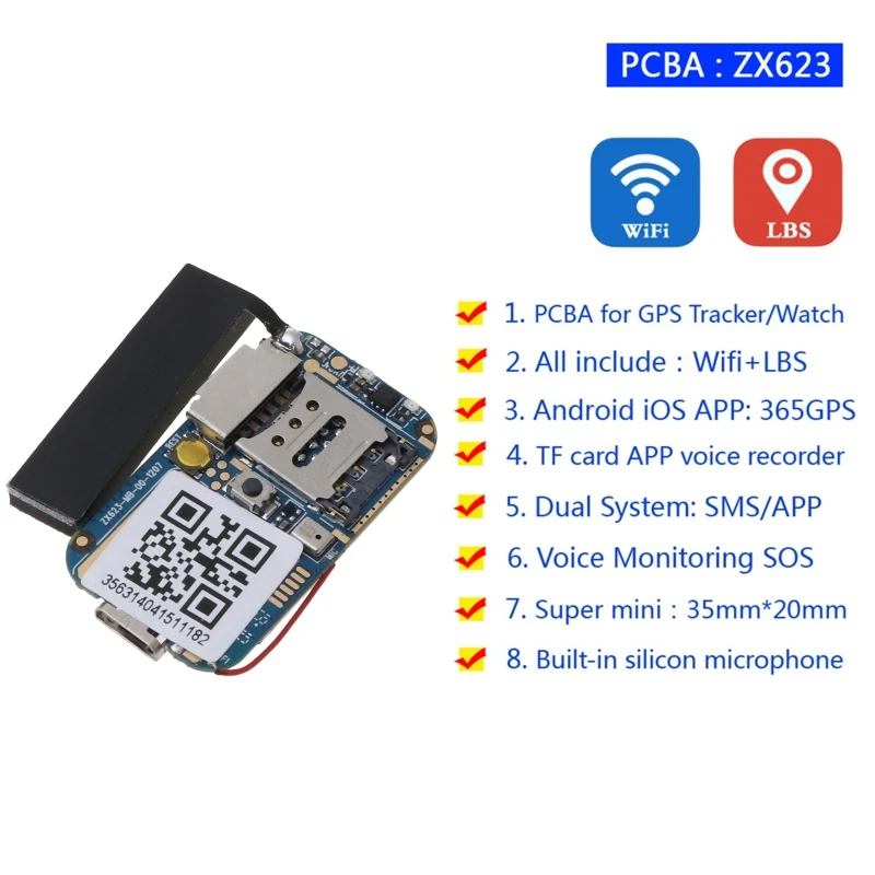 ZX623W GPS трекер GSM Wifi LBS локатор PCBA SOS веб-приложение отслеживание диктофон TF карта SMS