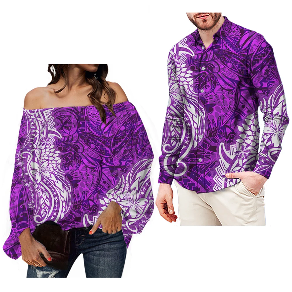 

Purple Polynesian Hawaiian Hibiscus Print Large Size Women Blouse Long Sleeve Ladies Shirt Tops Bare Shoulder Female Clothing