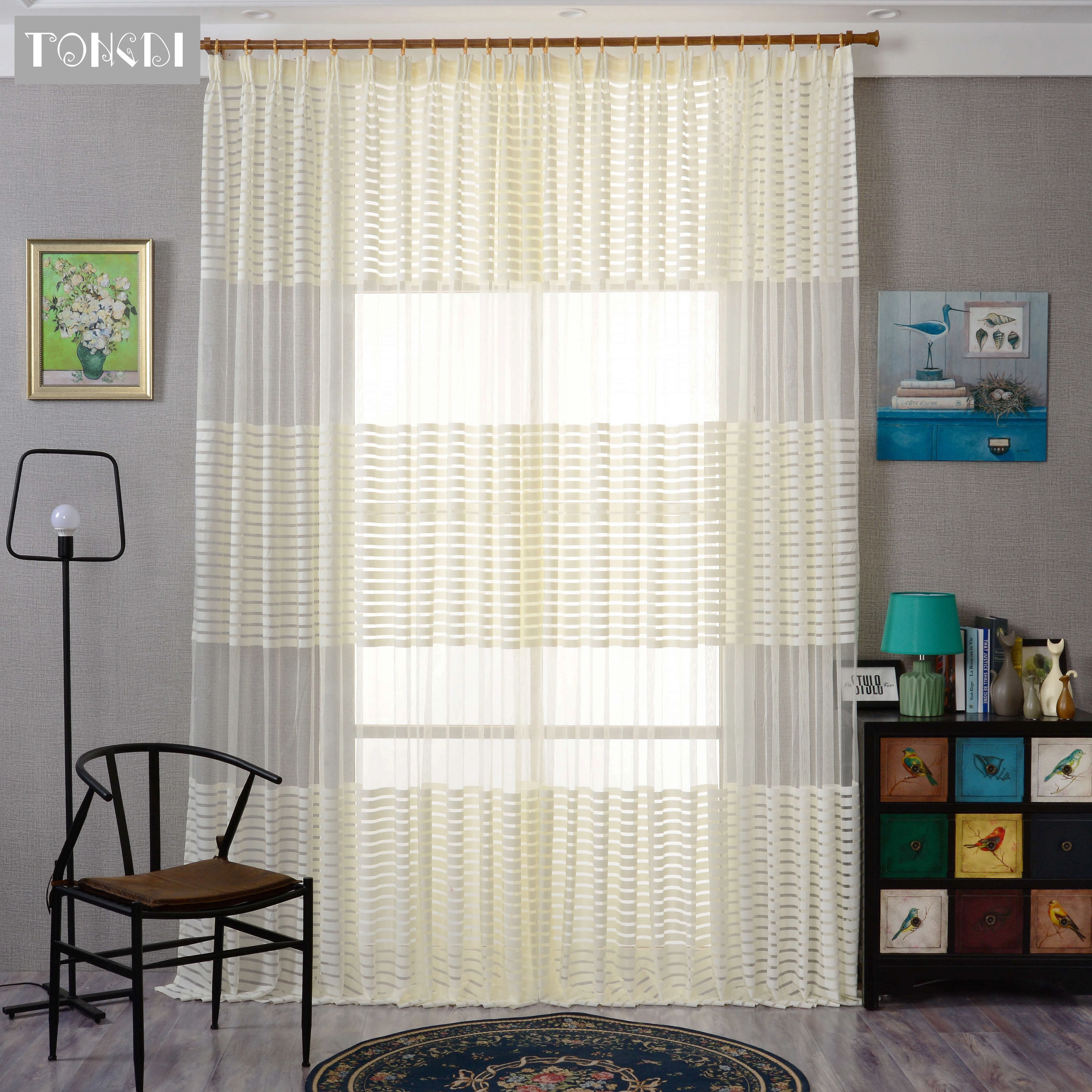 TONGDI Современная полосатая занавес панель Легкий просвечивающий для спальни