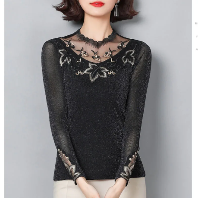 

Casual Printed Women Tops Mesh Basic Women Shirts 2021 Autumn Fashion Women Blouses Long Sleeve Lace Women Clothing 6344 50