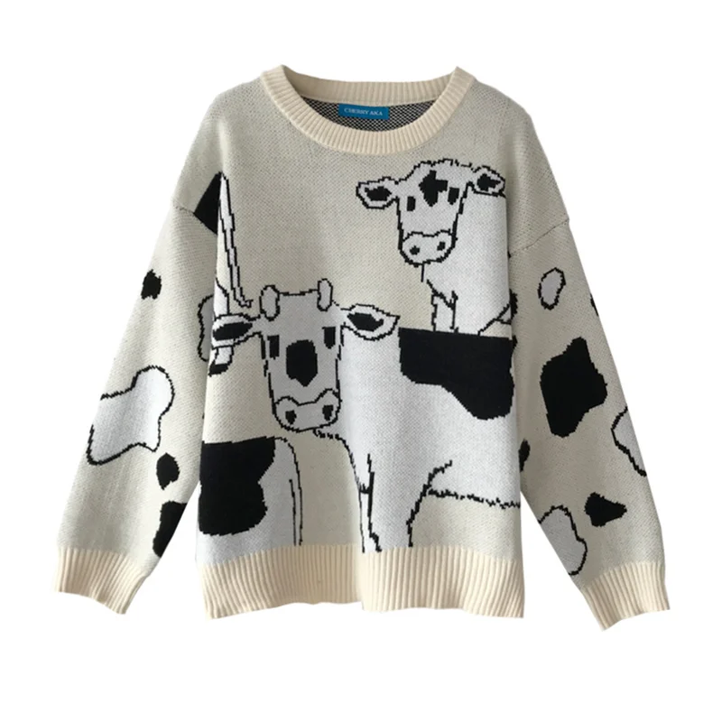 

Vintage Casual Loose Lazy Cow Sweater Female Korean Harajuku Women's Sweaters Japanese Kawaii Cute Ulzzang Clothing For Women