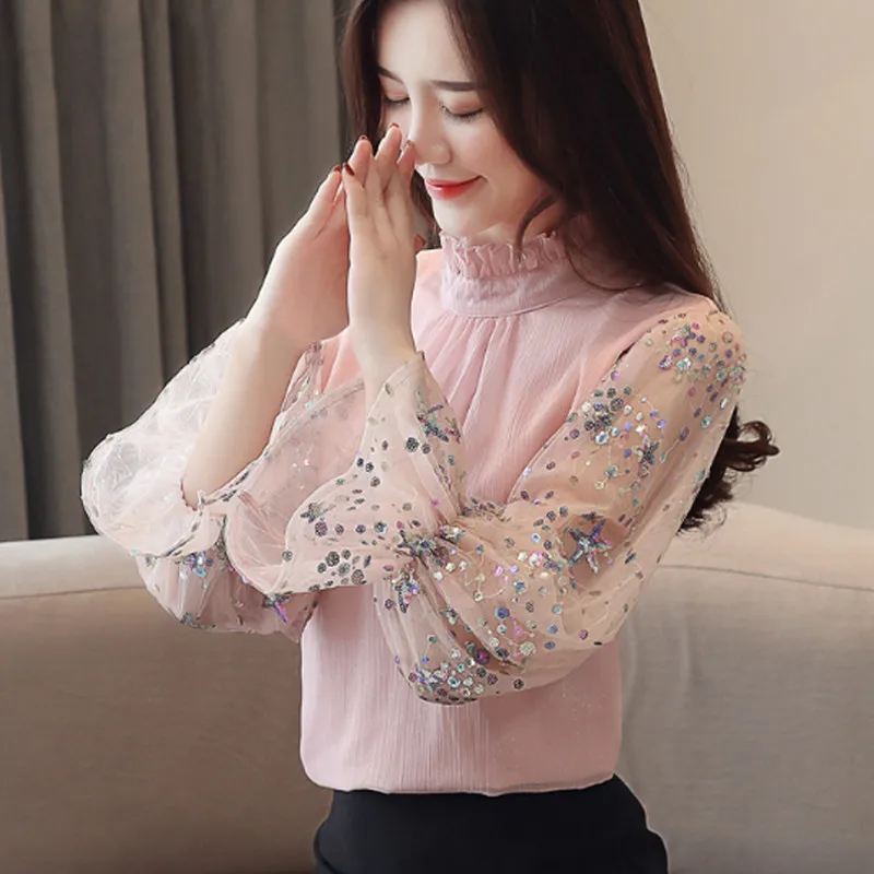 Новая корейская модная женская блузка с оборками на воротнике шифоновая рубашка