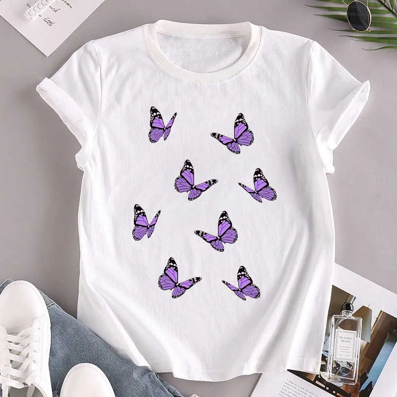 

Футболка женская простая, модный топ в Корейском стиле Харадзюку с графическим принтом бабочки для девушек, Милая футболка оверсайз