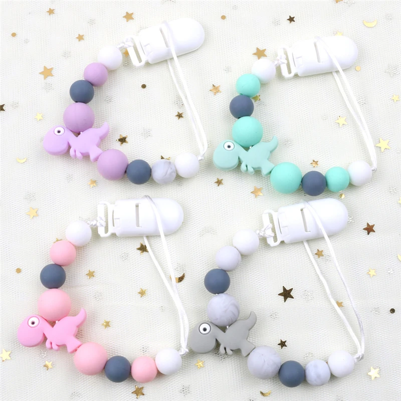 

Teether Toy Anti-drop Chain Silicone Dinosaur Beads Pacifier Clip Baby Teething Soother Chew Toy Dummy Clips