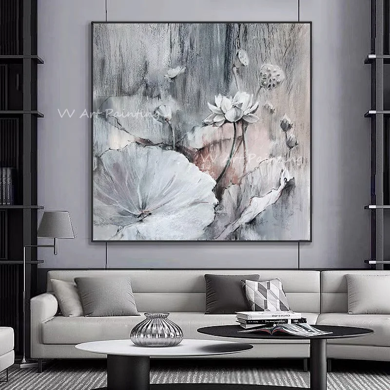 

100% ручная работа, серый холст, белый цветок, картина маслом, абстрактное искусство, декоративные без рам для кабинета, украшение для кафе
