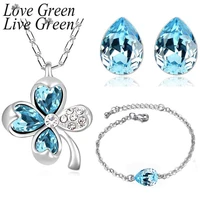 teardrop austrian crystal blue jewelry sets green clover charm four leaf pendant enamel jewelry for women new jewelleri gift set
