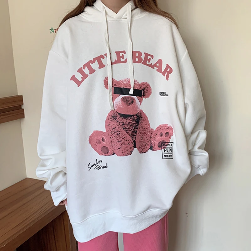 

Женская флисовая толстовка с капюшоном, черная или белая свободная толстовка с капюшоном и мультяшным принтом медведя, в Корейском стиле, з...