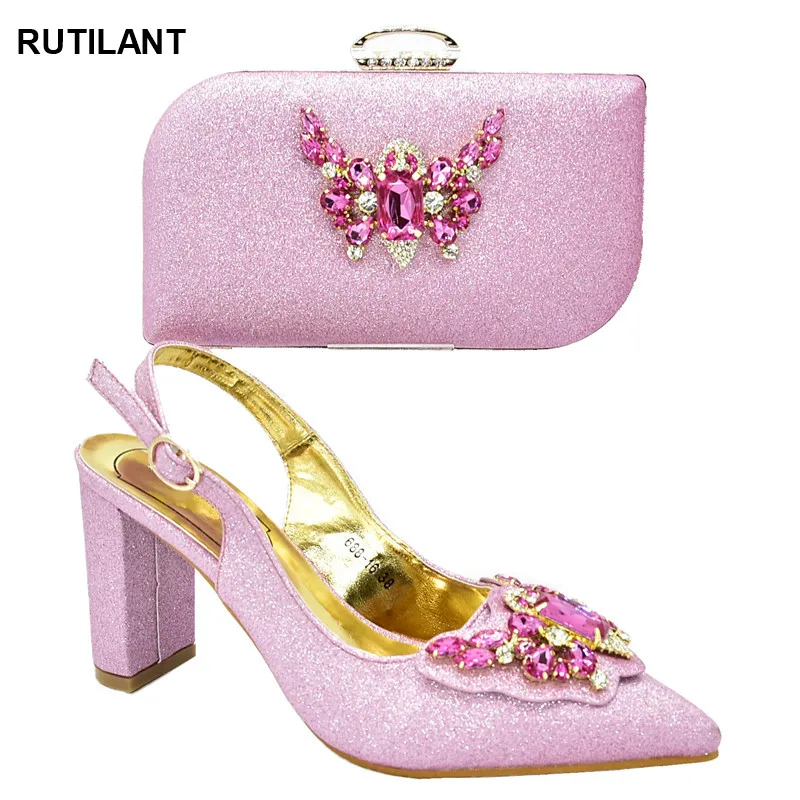 Latest Italian Shoes with Matching Bags Set Decorated Rhinestone Nigerian Women Wedding Pumps Purse High Heels | Обувь