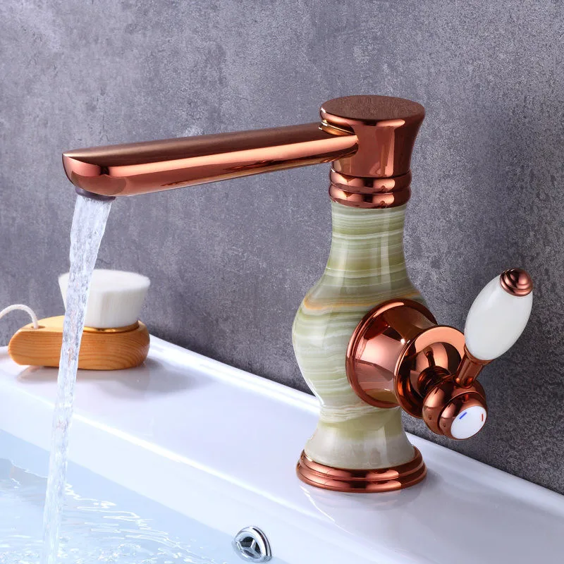 

Латунный Смеситель для ванной комнаты, кран для горячей и холодной воды, крепление на раковину, цвет розовое золото/золото, Нефритовый кран ...