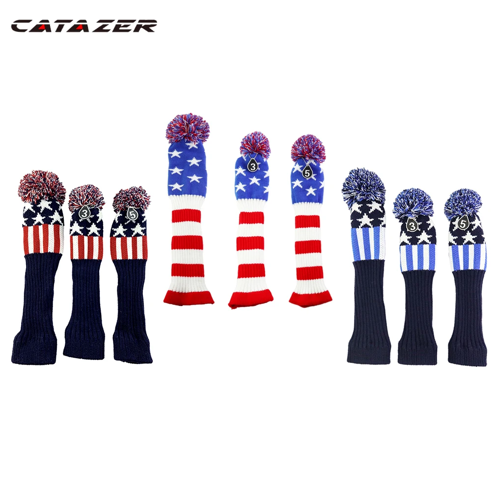 

Catazer Stripes Knitted Golf Club Head Covers 3 Piece Set 1 3 5 Driver and Fairway HeadCovers Fits 460cc Drivers