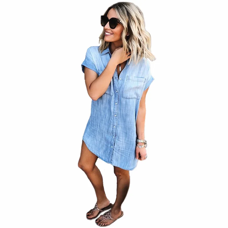 

2021 summer button short-sleeved denim shirt dress women dresses for women