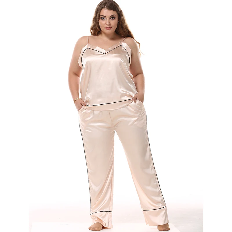 Big Size Lady Imitation Silk Pajama Sets Satin Silk Sling Top + Long Pants Homewear V-Neck Casual Sleepwear Fat MM Women 95200