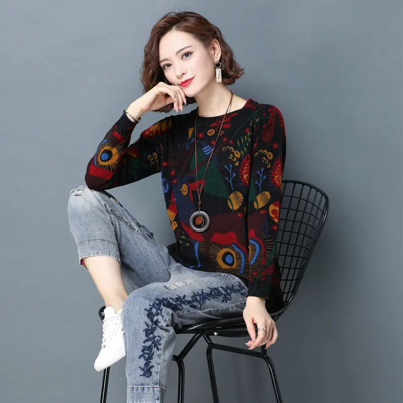 

Spring Autumn Women Floral Wool Pullover Sweater Round Neck Long Sleeve Red Camel Black Soft Cozy Knitwear Leisure Wear