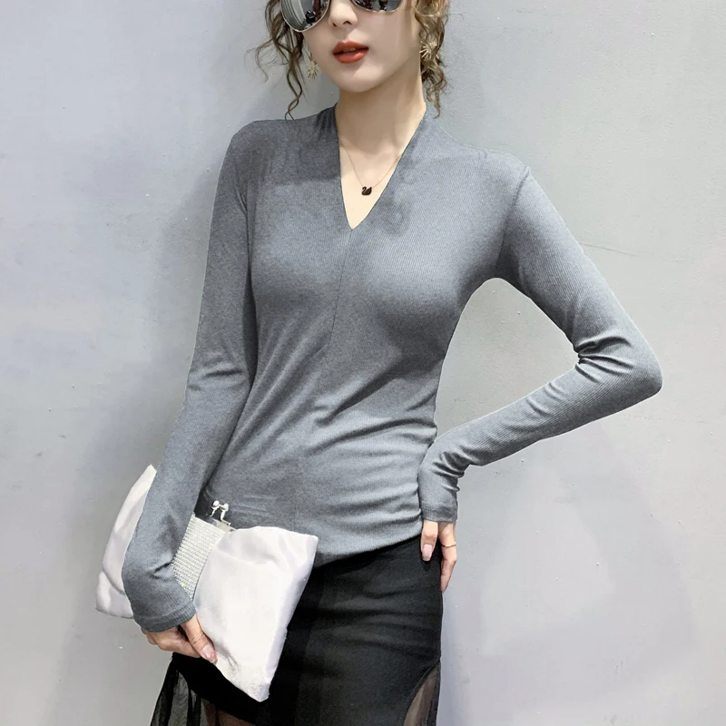 

Real shot#European station autumn 2020 new European goods v-neck blouse bottoming shirt with western style long-sleeved sweater