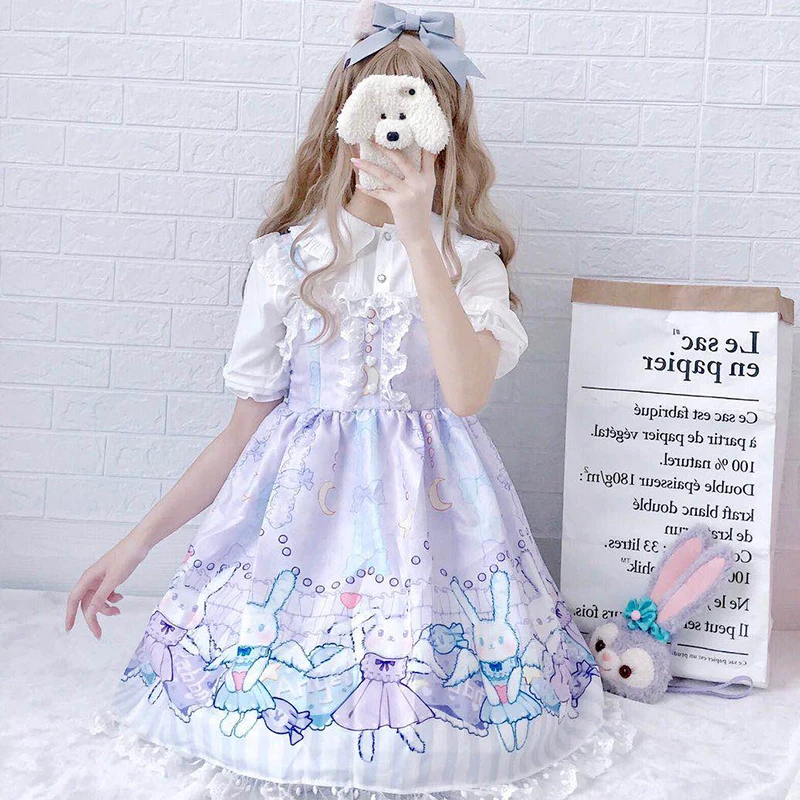 

Sweet Princess Lolita Strap Dress Vintage Falbala High Waist Printing Victorian Dress Kawaii Girl Rabbit Lolita Cosplay DT2271