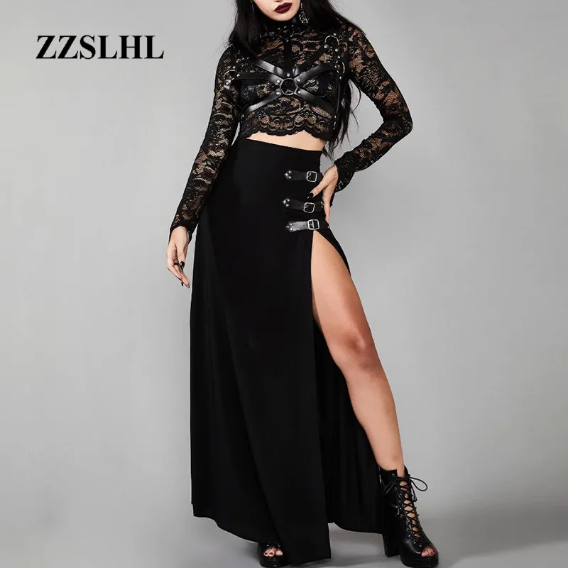 

Gothic Long Split Skirt Women Sexy Side Slit High Waist Straight Skirts Femme Balck Ankle Length Faldas Streetwear