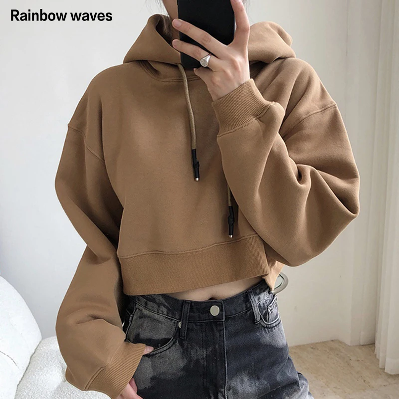 

Весна-Осень 2021, женские спортивные костюмы Rainbowwaves из флисовой ткани, Модный женский хлопковый укороченный топ, толстовки