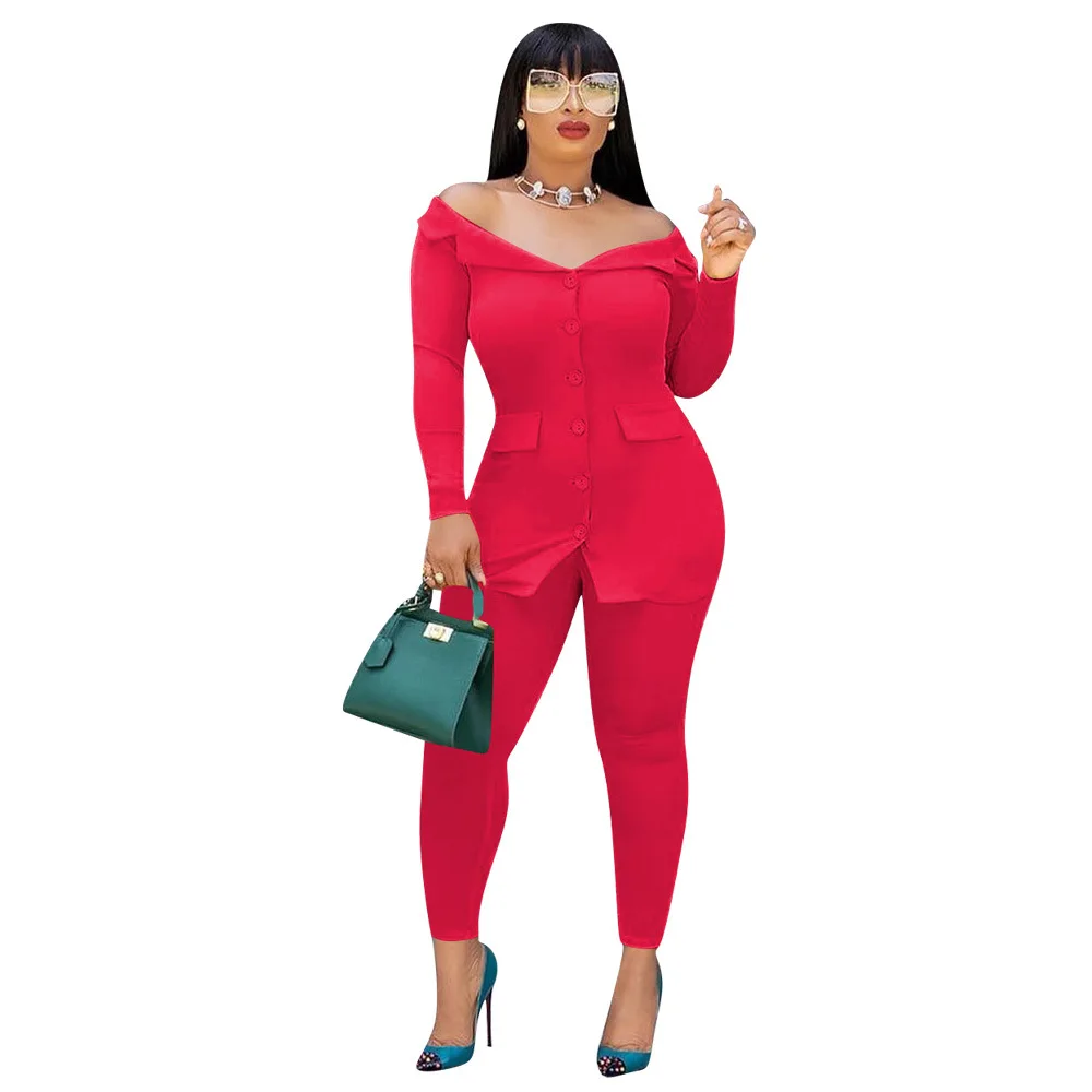 

2019 autumn sexy fashion style regular solid women v-neck plus size women two piece sets top and pant S-XXL