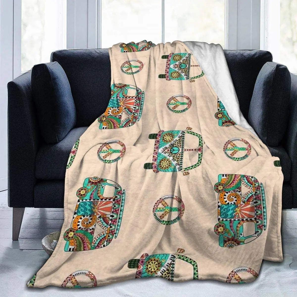 

Colorful Ornamental Camper Bus with Hippie Peace Sign Micro Fleece Throw Blanket Warm Soft Throws for Winter Bedding, Couch Sofa