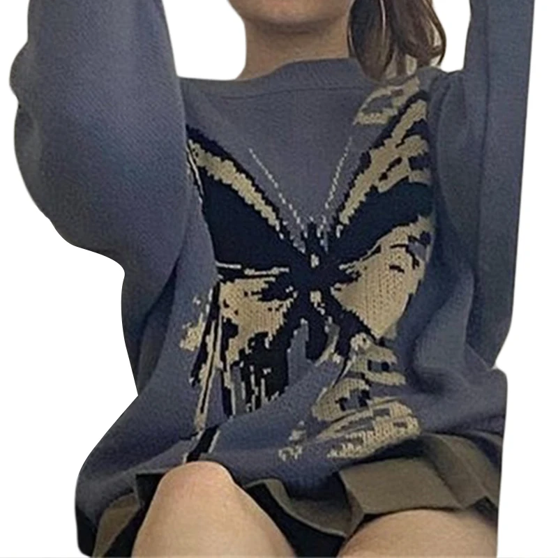 

Женский свитер с принтом бабочки, трикотажная Свободная кофта с круглым вырезом и длинным рукавом для осени и зимы