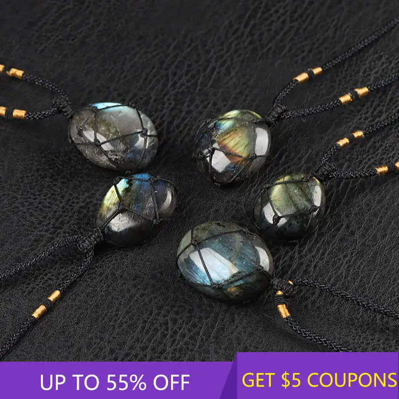 

Natural Labradorite Moonstone Polished Tumbled Pendant Quartz Crystal Point Wrap Pocket Stone Pendulum Healing Necklace Jewelry