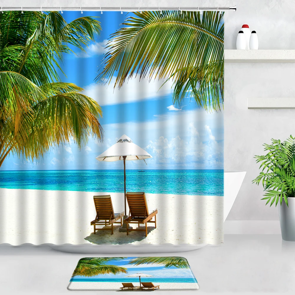 

Tropical Palm Trees Beach Ocean Shower Curtains Bath Mats Set Summer Scenery Home Decor Door Pad Bathroom Carpet WC Non-slip Rug