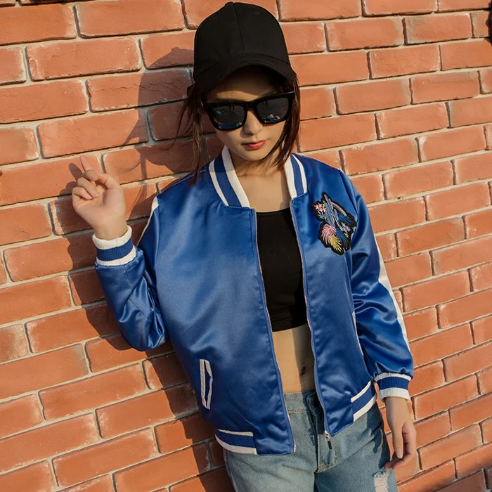 2018 весна осень Женская Повседневная бейсбольная куртка Вышивка синяя с длинным