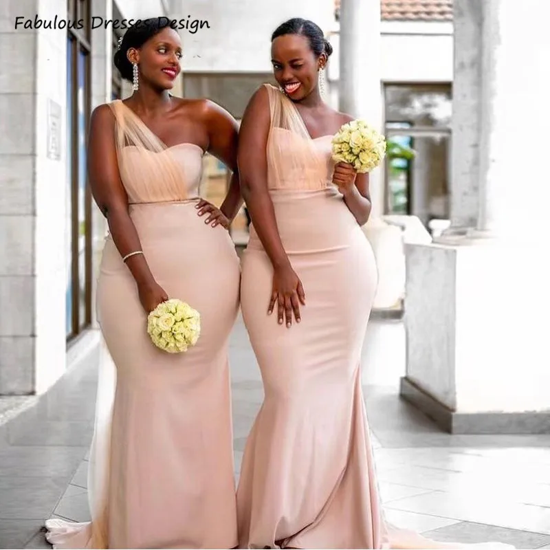 

2021 Sweetheart African Mermaid Bridesmaid Dresses One Shoulder Sweep Train Long Wedding Party Dress Robe De Soiree De Mariage