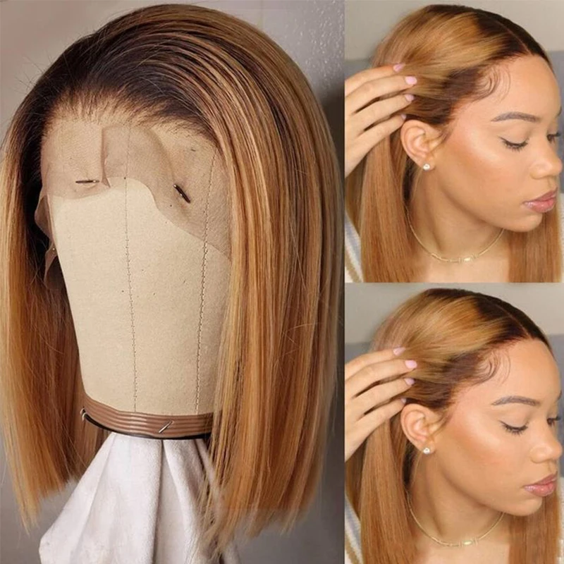 

Sayanna Short Straight Bob Human Hair Wig 13x4 Lace Front Wig Short Bob Ombre Honey Blonde Hair Pre Plucked Wig for Black Women