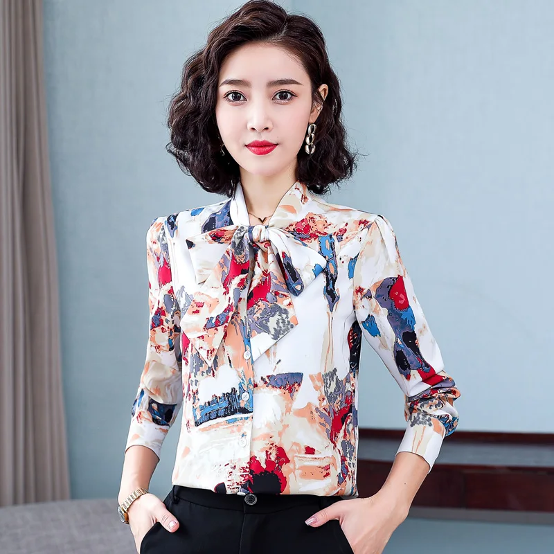 Lady New Style Temperament Bow Shirt Women'S Long Sleeved Chiffon Top Autumn And Winter Professional White  Work Clothes