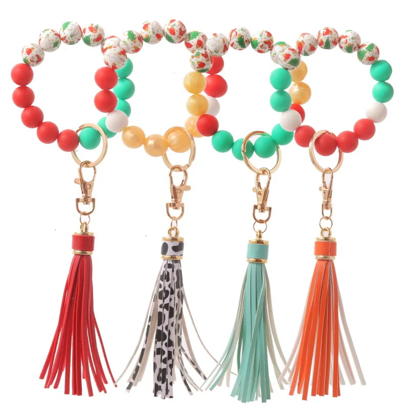 

Christmas Keychain For Keys Silicone Beads Keyring For Women Accessories Tassel Wristlet Bracelet Charm Keychain Gift 2021 Trend
