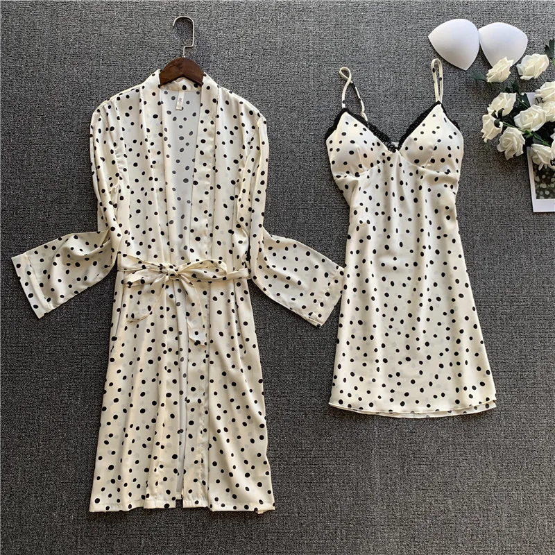 Женский весенний комплект из халата и рубашки Сексуальная кружевная пижама в