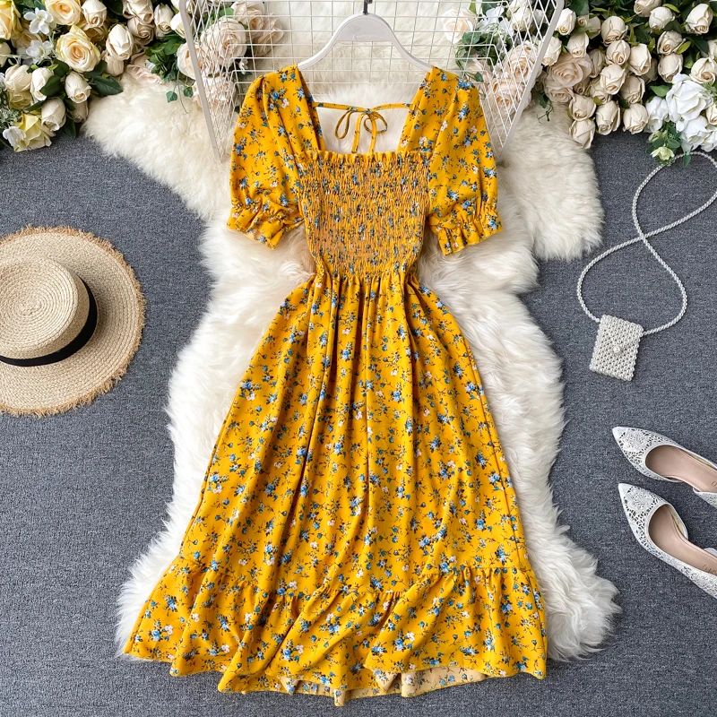 Boho Тонкий в винтажном стиле с цветочным принтом летнее платье средней длины
