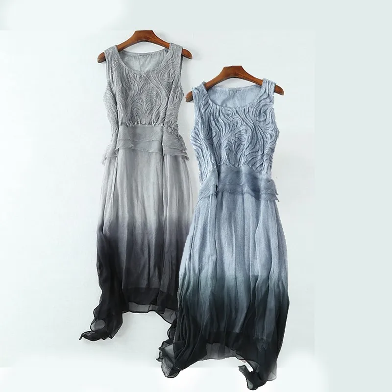 Платье из 100% шелка высокого качества с градиентной аппликацией без рукавов
