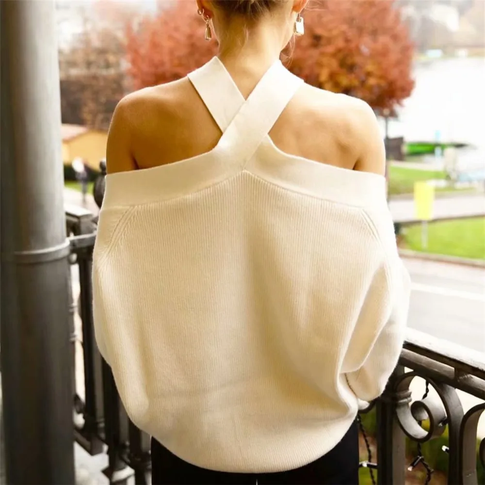 

Alifus Za women Tops 2020 new fashion cross strap off shoulder sweater lady knitted casual slim high street sweaters chic top