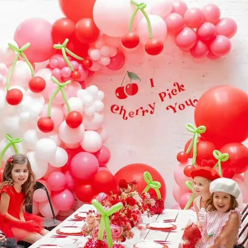 

124Pcs Red Pink Cherry Birthday Party Decorations Kids Balloon Arch Garland Kit Baby Girl Princess Tropical Hawaiian Party Toys