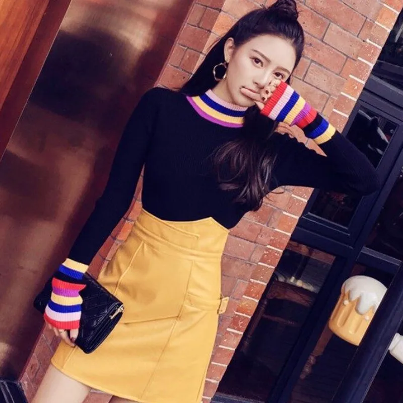 

Girl Women Striped Sweaters Spring Winter Tops Turtleneck Sweater Ladies Thin Pullover Jumper Knitted Sweater Top
