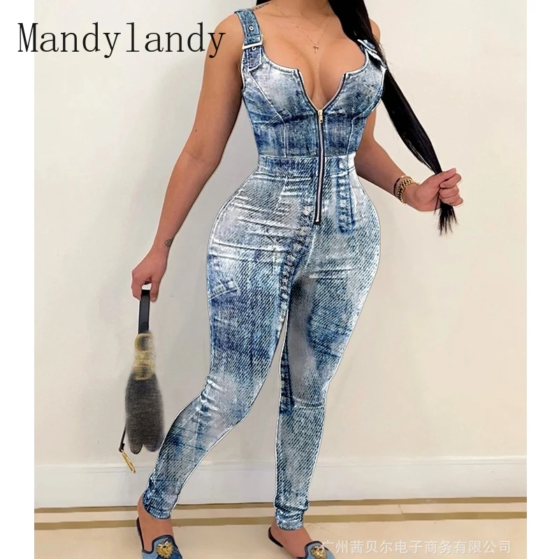 

Летние джинсовые комбинезоны Mandylandy, высокоэластичные брюки-карандаш, джинсовые комбинезоны, комбинезон без рукавов, Сексуальные облегающи...