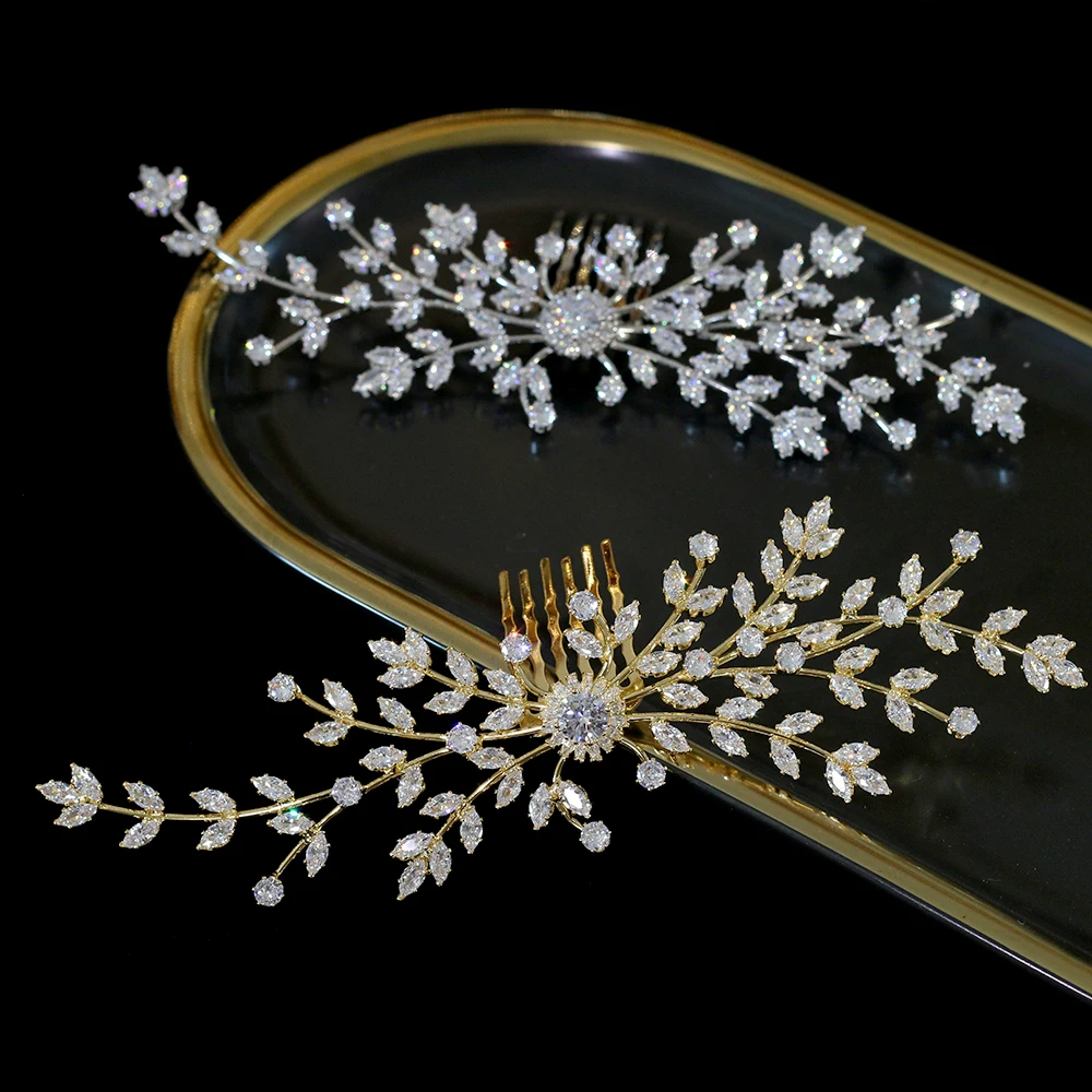 Гребень для волос свадебный золотистый и кристаллический Цирконий|Украшения
