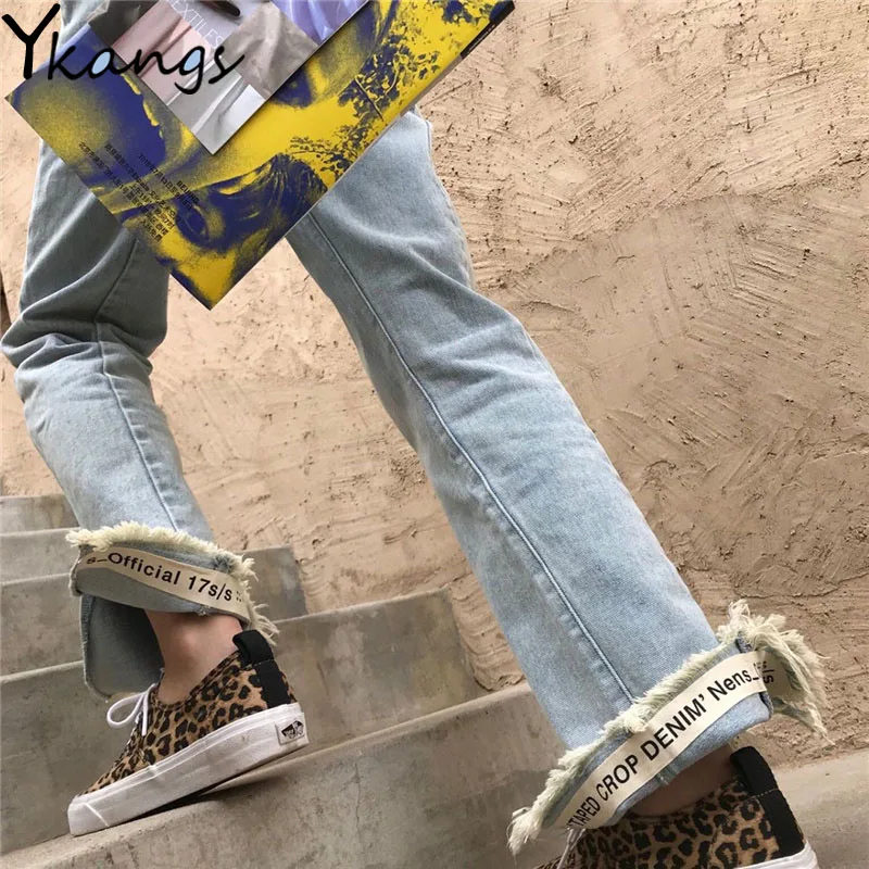 

Plus Size Letter Applique Brushed Split Wide-Leg Jeans Oversized Casual Korean Women Denim Pants Streetwear High Street Trousers