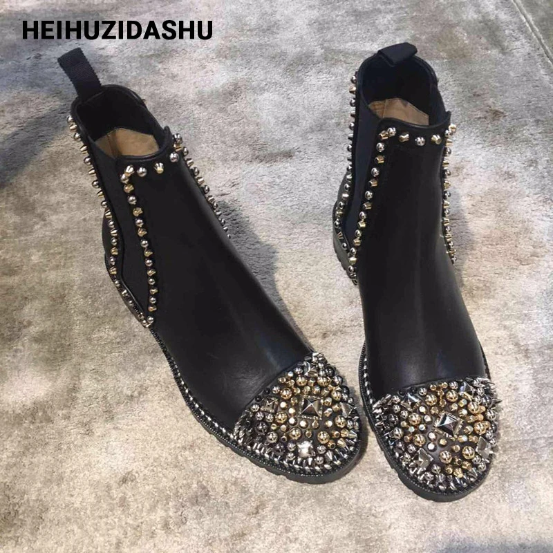 Роскошные блестящие ботинки Челси Женские на массивном каблуке с металлическими