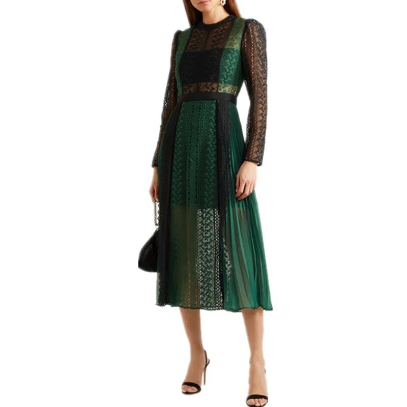 Женское шифоновое платье-Автопортрет зеленое Плиссированное кружевное платье с