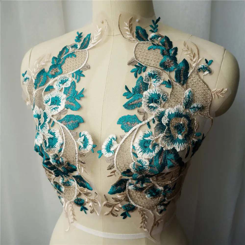 2 шт. зеленая кружевная ткань с вышитыми цветами Аппликации планки классический