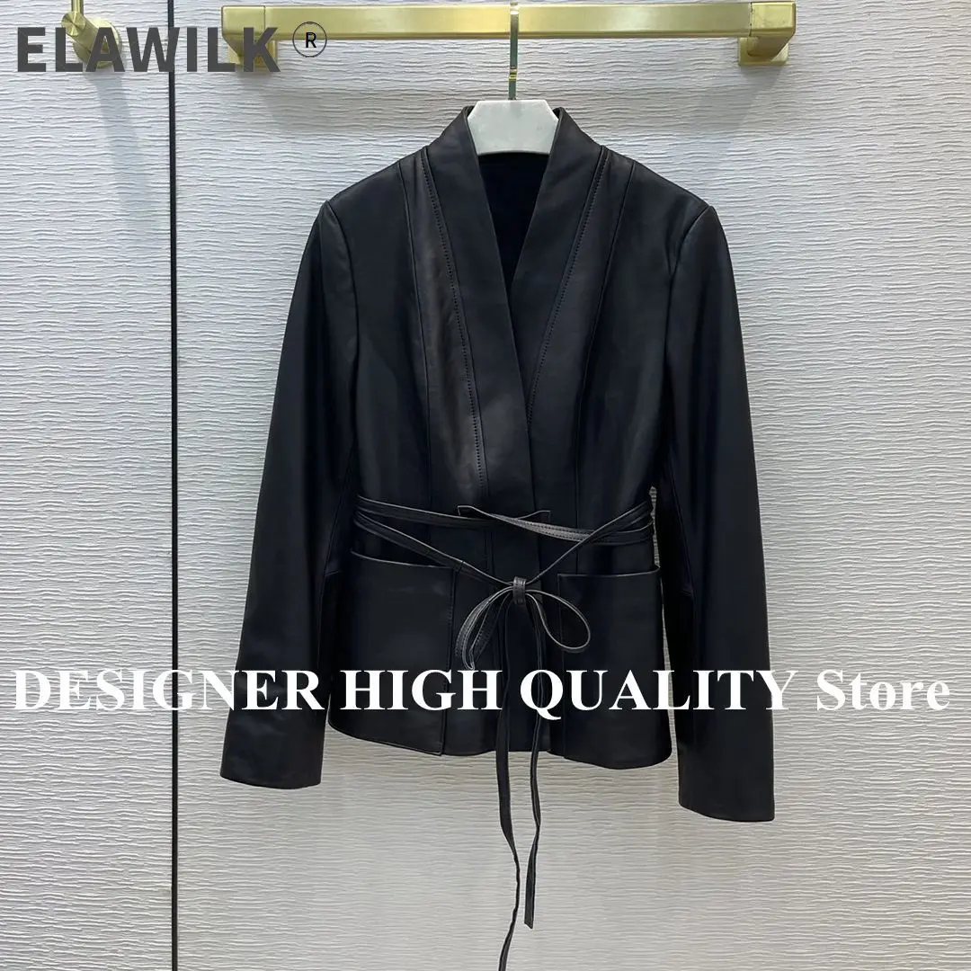 

Luxury Designer 100% Sheepskin Blazer Jacket Women V-neck Lace-up Belt Slim Fit Genuine Leather Coat 2021 New Autumn Outwear