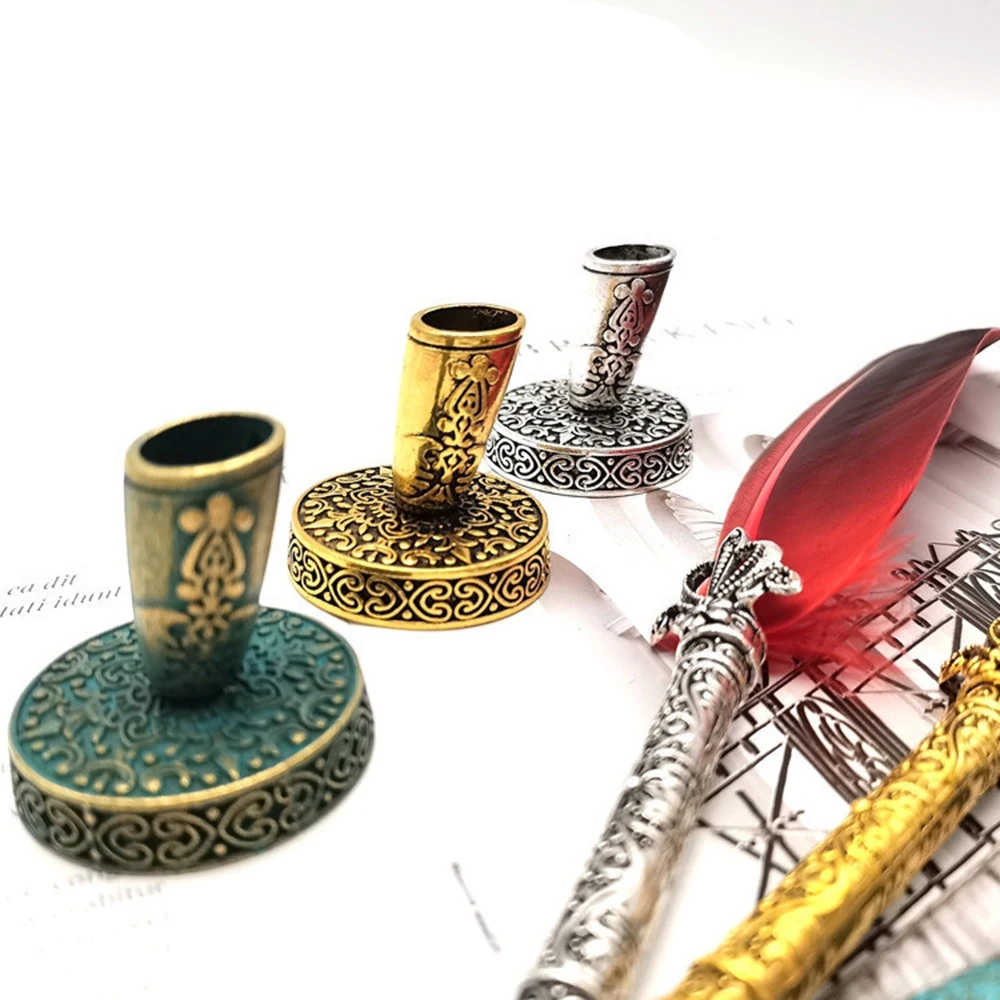 

European Retro Metal Round Insertion Pen Holder Stand Bracket for Feather Quill Dip Pen Accessories Stationery Gifts