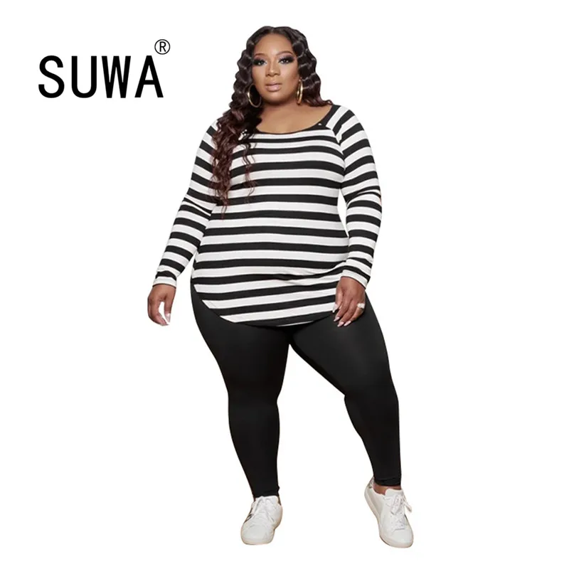 

Женские комплекты из двух предметов в полоску размера плюс, Женская Повседневная Свободная футболка с круглым вырезом и длинным рукавом + у...