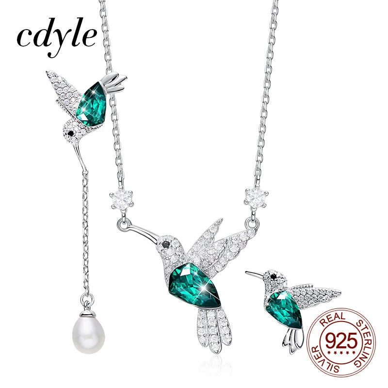 

Комплект женский из колье и серёг Cdyle, из серебра 925 пробы, с зеленым австрийским кристаллом и колибри